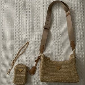 Beige Woven Faux Prada Bag with change purse